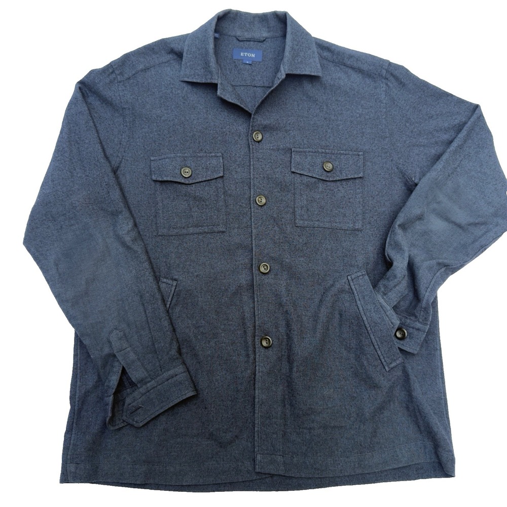 Eton Jacket Mens XL Blue‎ Flannel Wool Cashmere Shirt Jacket Overshirt Casual